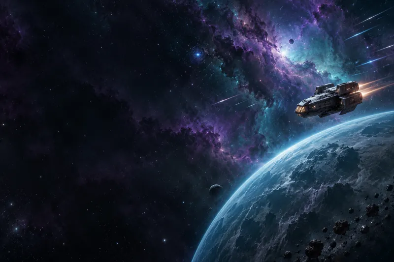 Illustration: a lone starship drifting through a purple and teal nebula above a cold blue planet.