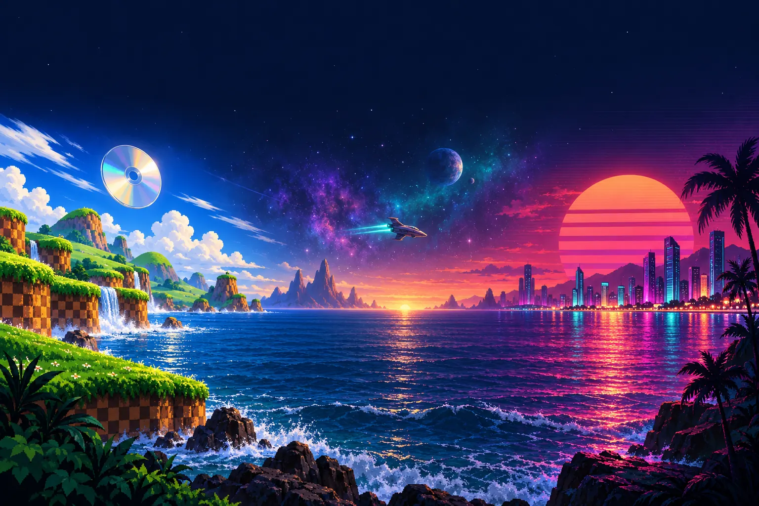 Illustration: one horizon joining three worlds at dusk: green checkered hills under a bright sky with a floating CD, a starship crossing a purple nebula, and a neon city under a striped sunset.