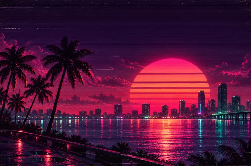 Illustration: a neon pink and teal sunset over palm trees and a city skyline, with VHS scanlines.