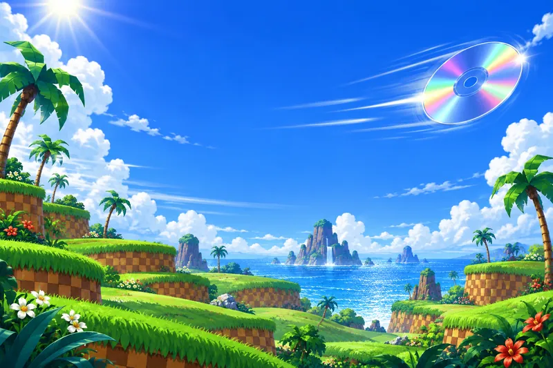 Illustration: a bright blue sky over green checkered hills by the sea, with a rainbow CD streaking across the sky.